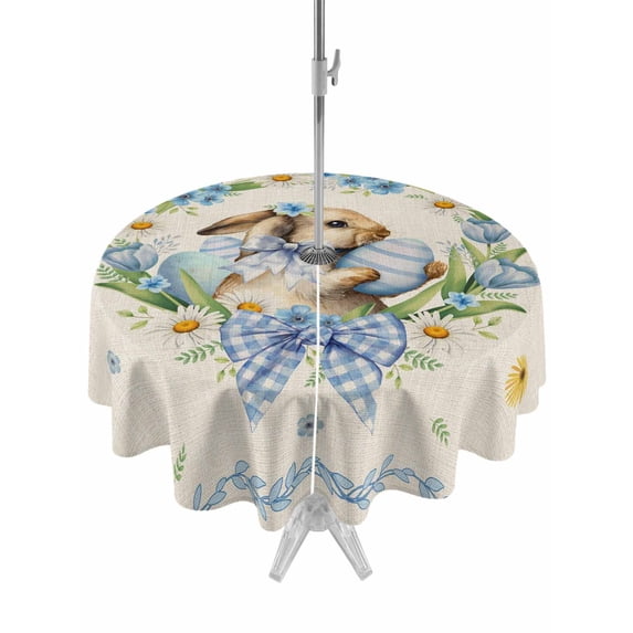 Spring Easter Outdoor Tablecloth - 54 Inch Round Dining Table Cover, Cute Rabbits Eggs Bow Daisy Tulips Plants Beige Waterproof Outdoor Table Cloth with Umbrella Hole & Zipper for Picnic/Patio/Party