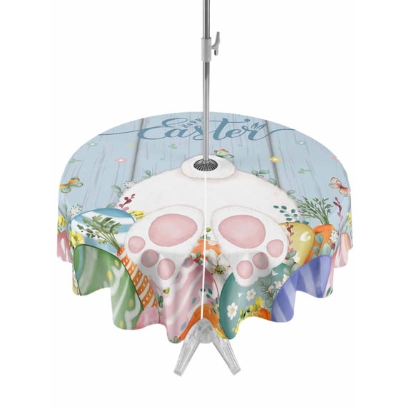 Spring Easter Outdoor Tablecloth - 54 Inch Round Dining Table Cover, Rabbit Ears Foot Colorful Eggs Wooden Plank Waterproof Outdoor Table Cloth with Umbrella Hole & Zipper for Picnic/Patio/Party