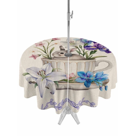 Spring Easter Outdoor Tablecloth - 54 Inch Round Dining Table Cover, Retro Rabbit Cup Botanical Purple Leaves Waterproof Outdoor Table Cloth with Umbrella Hole & Zipper for Picnic/Patio/Party