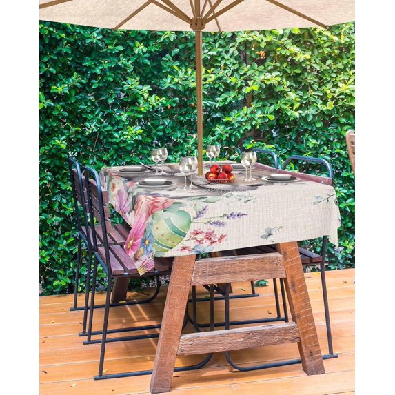 Spring Easter Outdoor Tablecloth - 54x54 Inch Square Dining Table Cover, Rustic Bunny Eggs Eucalyptus Leaves Botanical Waterproof Outdoor Table Cloth with Umbrella Hole & Zipper for Patio