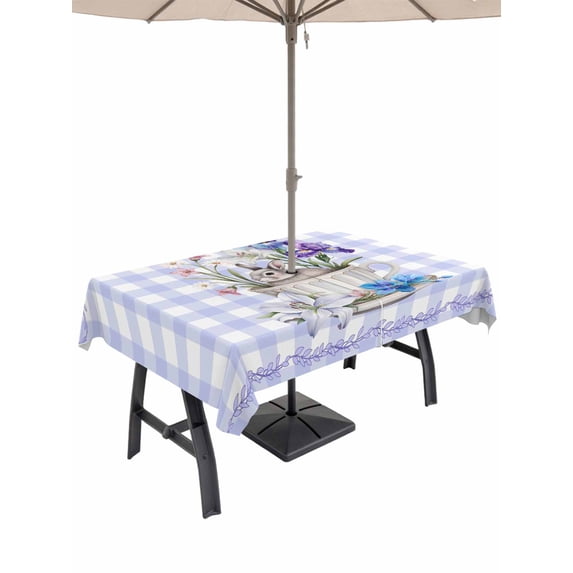 Spring Easter Outdoor Tablecloth - 54x80 Inch Rectangle Dining Table Cover, Bunny Botanical Flowers Leaves Purple Check Waterproof Outdoor Table Cloth with Umbrella Hole & Zipper for Picnic/Patio