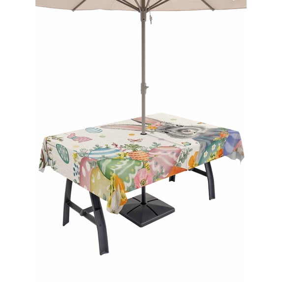 Spring Easter Outdoor Tablecloth - 54x80 Inch Rectangle Dining Table Cover, Country Retro Rabbit Eggs Tree Branches Waterproof Outdoor Table Cloth with Umbrella Hole & Zipper for Picnic/Patio/Party