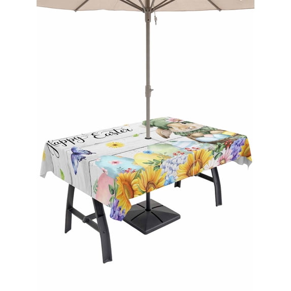 Spring Easter Outdoor Tablecloth - 54x80 Inch Rectangle Dining Table Cover, Watercolor Floral Rabbits Eggs Butterflies Wood Waterproof Outdoor Table Cloth with Umbrella Hole & Zipper for Picnic/Patio