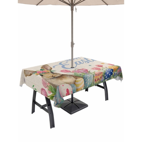 Spring Easter Outdoor Tablecloth - 60x120 Inch Rectangle Dining Table Cover, Pink Tulip Flowers Bunny Floral Rustic Waterproof Outdoor Table Cloth with Umbrella Hole & Zipper for Picnic/Patio/Party