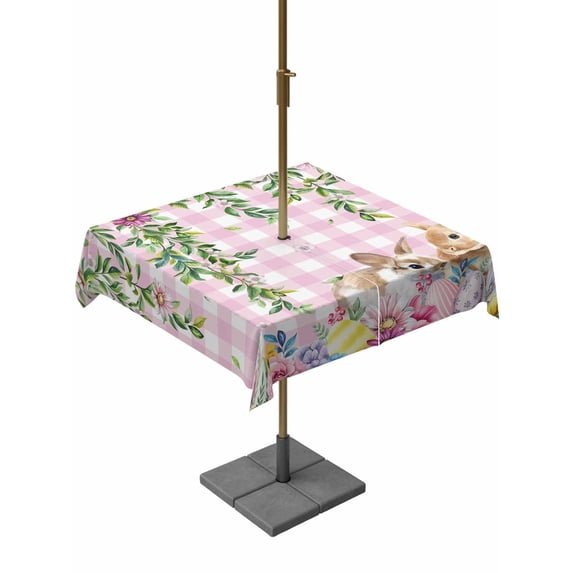 Spring Easter Outdoor Tablecloth - 60x60 Inch Square Dining Table Cover, Watercolor Floral Eggs Rabbits Leaf Pink Plaid Waterproof Outdoor Table Cloth with Umbrella Hole & Zipper for Picnic/Patio