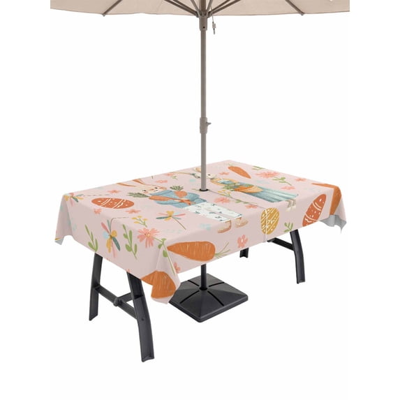 Spring Easter Outdoor Tablecloth - 60x84 Inch Rectangle Dining Table Cover, Bunny Carrots Eggs Floral Botanical Pink Waterproof Outdoor Table Cloth with Umbrella Hole & Zipper for Picnic/Patio/Party