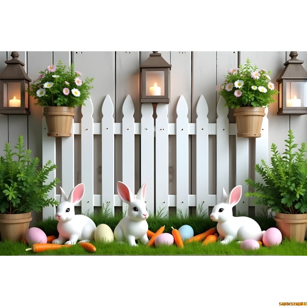 Easter Rabbit Photograpfy Spring Easter Photography Backdrop Rabbit Eggs Gre Wreath Bunny Carrot ...