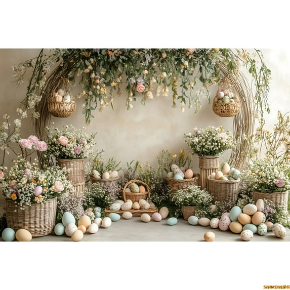Spring Easter Photography Background Boho Flower Arch Door Bunny Colorful Eggs Rabbit Kids Birthday r Backdrop Photobooth