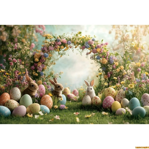 Spring Easter Photography Background Boho Flower Arch Door Bunny Colorful Eggs Rabbit Kids Birthday r Backdrop Photobooth