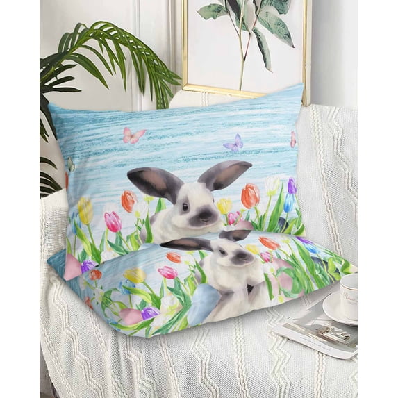 Spring Easter Pillow Cases Standard Size Set of 2 - Microfiber Bed Throw Pillow Covers, Blue Botanical Tulip Rabbit Butterfly Decorative Lumbar Pillow Cover with Envelope Closure for Sofa 20"x26"