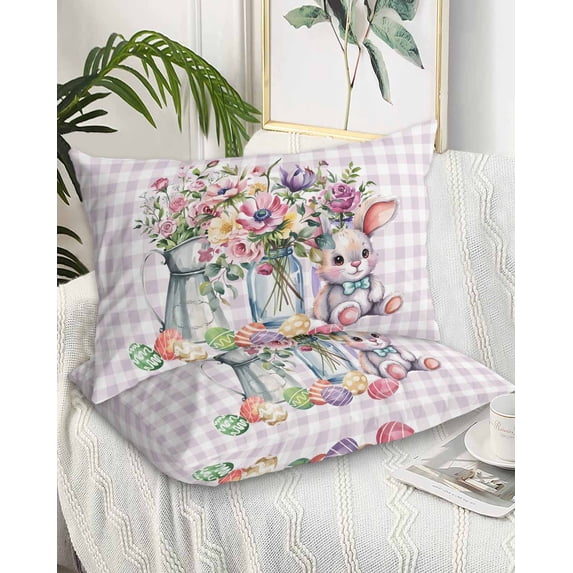 Spring Easter Pillow Cases Standard Size Set of 2 - Microfiber Bed Throw Pillow Covers, Watercolor Floral Rabbits Eggs Purple Plaid Decorative Lumbar Pillow Cover with Envelope Closure 20"x26"