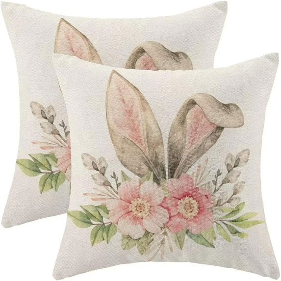 Spring Easter Pillow Covers 18X18 Inch Pack of 2, Easter Bunny Floral Print Throw Pillow Linen Rabbit Flower Pillow Cases Cushion Decoration for Sofa Couch
