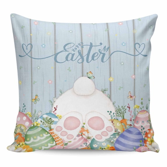 Spring Easter Pillow Covers 18x18 Inch Decorative Throw Pillow Cover, Rabbit Ears Foot Colorful Eggs Wooden Plank Sofa Pillowcases Accent Cushion Case Home Decor Bedroom Living Room
