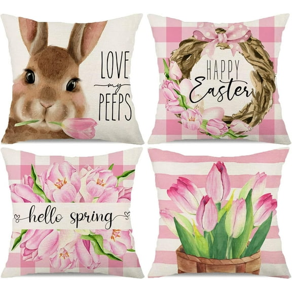 Spring Easter Pillow Covers 18x18 Set of 4 Easter Decorations for Home Tulip Floral Pillows Bunny Easter Throw Pillows Spring Easter Farmhouse Decor