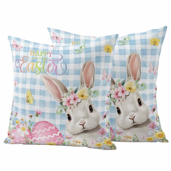 Spring Easter Pillow Covers 2 Pack Rabbit Egg Colorful Flower Butterfly Blue Plaid Pillowcase Waterproof Outdoor Throw Pillow Cover for Patio Garden Square Cushion 20”x20”