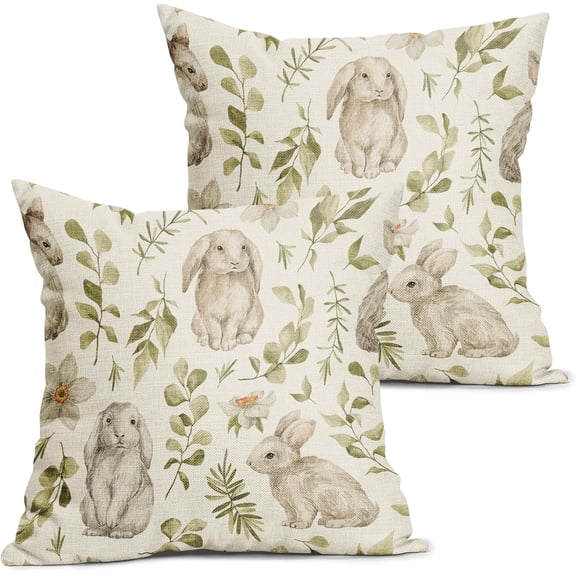 Spring Easter Pillow Covers 20X20 Inch Bunny Floral Leaf Decorative Pillow Cases Rabbit Green Leaves Cotton Linen Throw Pillows Set of 2 Seasonal Farmhouse Home Decor for Sofa Couch Outdoor