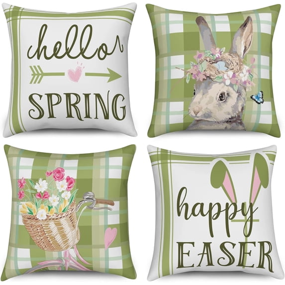 Spring Easter Pillow Covers Set of 4, Bunny Rabbit Flowers Throw Pillow Covers Green Buffalo Plaid Pillowcase Farmhouse Decorations Cushion Case for Home Outdoor Yard, 16inx16in