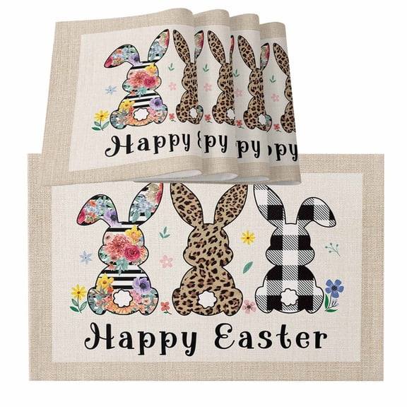 Spring Easter Placemats for Dinning Table Set of 4, Floral Checkered Bunny Linen Texture Burlap Kitchen Place Mats Waterproof Cloth Table Mats, Indoor Outdoor Placemats Easy Clean Dinner Decor