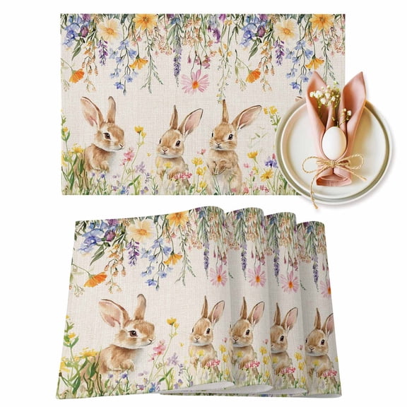 Spring Easter Placemats Set of 1, Bunny Cute Rabbits Wildflower Retro Garden Heat Insulated Linen Place Mats, Washable Stain-Proof Table Mats for Dining Tables Holiday Decor 13x19 Inches
