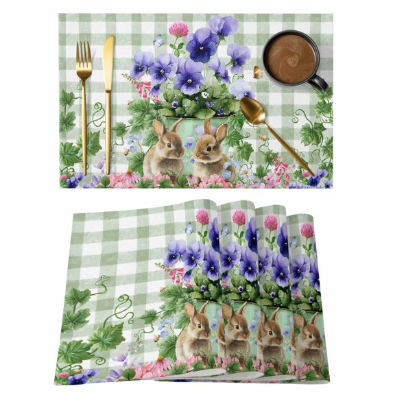 Spring Easter Placemats Set of 12, Purple Floral Summer Botanical Green Plaid Placemats for Dining Table, Place Mats for Kitchen Tabletop, Waterproof Wipeable Dining Table Mats Set