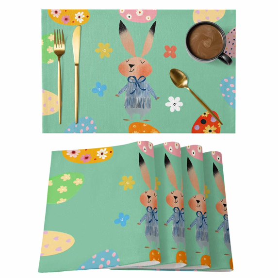 Spring Easter Placemats Set of 4, Bunny Colorful Eggs Floral Green Placemats for Dining Table, Place Mats for Kitchen Tabletop, Waterproof Wipeable Dining Table Mats Set