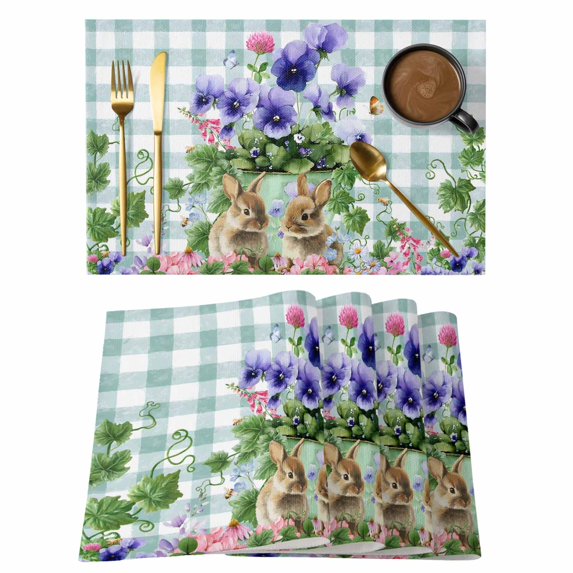 Spring Easter Placemats Set of 4, Purple Floral Summer Botanical Teal Plaid Placemats for Dining Table, Place Mats for Kitchen Tabletop, Waterproof Wipeable Dining Table Mats Set