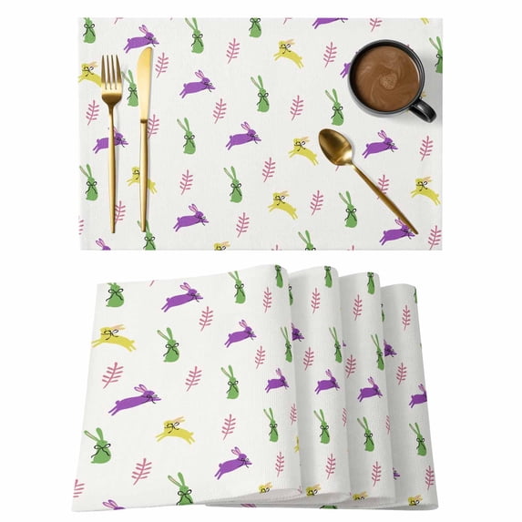 Spring Easter Placemats Set of 4, Yellow Green Purple Bunny Botanical Placemats for Dining Table, Place Mats for Kitchen Tabletop, Waterproof Wipeable Dining Table Mats Set