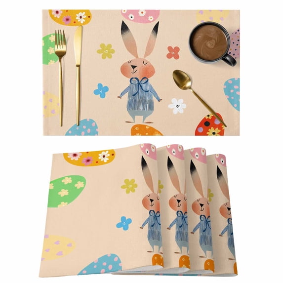 Spring Easter Placemats Set of 6, Bunny Colorful Eggs Floral Beige Placemats for Dining Table, Place Mats for Kitchen Tabletop, Waterproof Wipeable Dining Table Mats Set