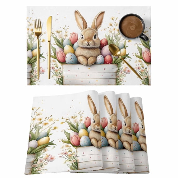 Spring Easter Placemats Set of 8 Colorful Eggs Botanical Bunny Place Mats Indoor Wipeable Table Mats Washable Cloth Dining Table Placemats for Kitchen Holiday Party Home Decor 13x19 Inch