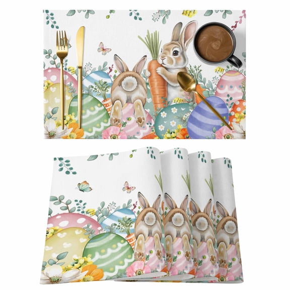Spring Easter Placemats Set of 8 Rabbits Eggs Botanical Floral Leaf Butterfly Place Mats Indoor Wipeable Table Mats Washable Dining Table Placemats for Kitchen Holiday Party Home Decor 13x19 Inch