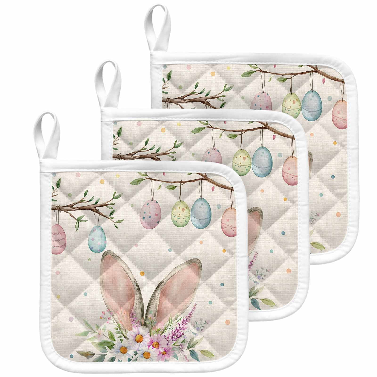 Spring Easter Pot Holders for Kitchen Heatproof Potholder, 3 Pack Bunny Ears Colorful Eggs Botanical Rustic Hot Pads Multipurpose Oven Pads Cloth Potholders Trivet for Cooking Baking