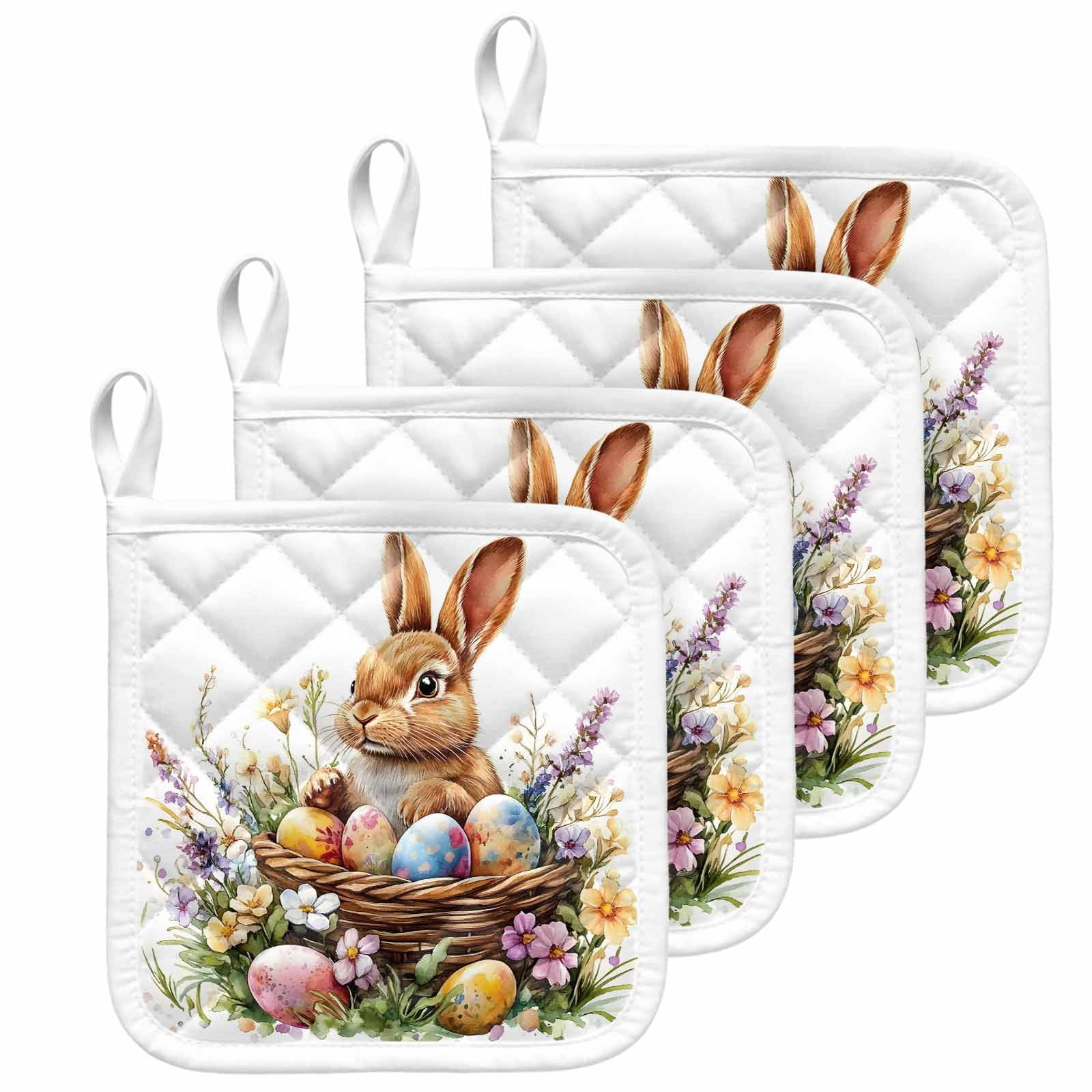 Spring Easter Pot Holders for Kitchen Heatproof Potholder, 4 Pack Colorful Eggs Bunny Botanical Floral Hot Pads Multipurpose Oven Pads Cloth Potholders Trivet for Cooking and Baking
