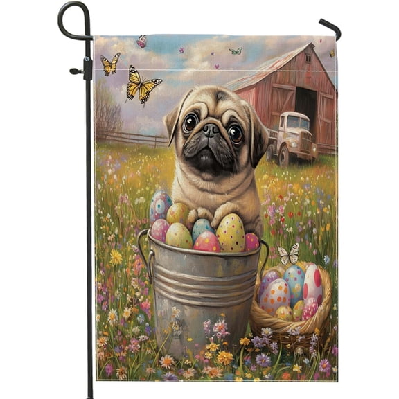 Spring Easter Pug Dog Garden Flags 12x18 Inch for Outside, Farmhouse Barn Puppy Standard Vertical Linen Flags, Country Pet Print Front Yard Backyard Lawn Outdoor Decoration