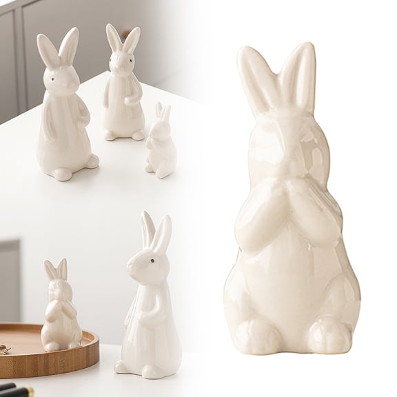 Spring Easter Rabbit Bunny Figurine Decor, 3.5'' White Ceramic Easter Bunny Statue Table Centerpieces, Cute Bunny Decor Easter Decorations, Elegant Easter Ornaments for Shelf Tray Party Home Decor, S