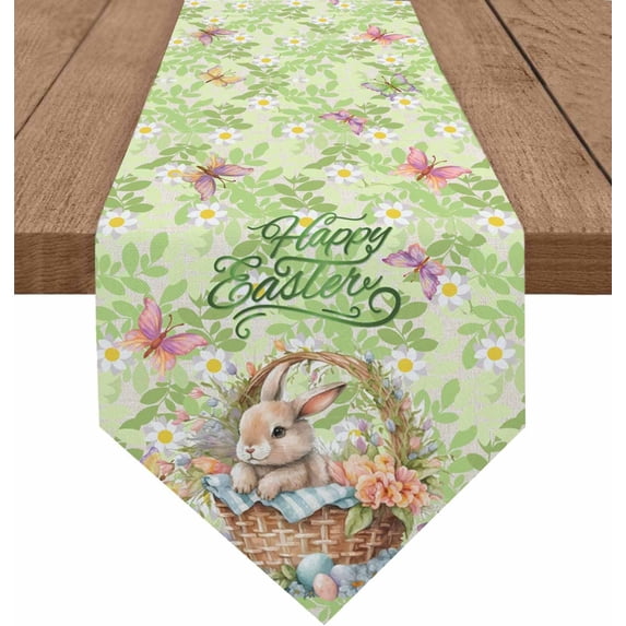 Spring Easter Rabbits Triangle Table Runners Long Dresser Scarves Table Decoration for Wedding Party/Ceremony/Banquet Easter Basket Eggs Watercolor Leaves