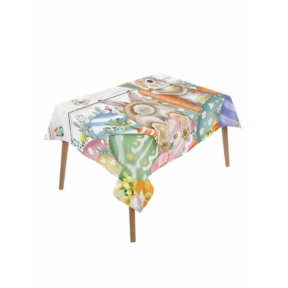 Spring Easter Rectangle Tablecloth, Bunny Eggs Floral Leaves Farm Wooden Grain Waterproof & StainResistant Tablecloth, Washable Oil-proof Table Cover for Dining/Party/Wedding/Camping/Buffet 60x102 In