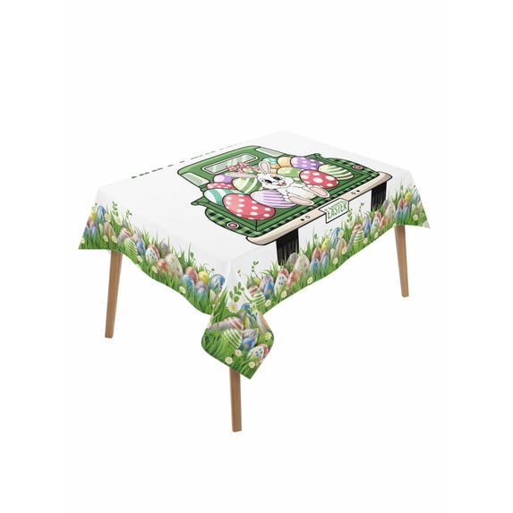 Spring Easter Rectangle Tablecloth, Easter Eggs Bunny Truck Botanical Watercolor Waterproof & StainResistant Tablecloth, Washable Oil-proof Table Cover for Dining/Party/Wedding/Buffet 60x84 In