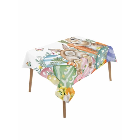 Spring Easter Rectangle Tablecloth, Rabbits Eggs Botanical Floral Leaf Butterfly Waterproof & StainResistant Tablecloth, Washable Oil-proof Table Cover for Dining/Party/Wedding/Buffet 52x70 In