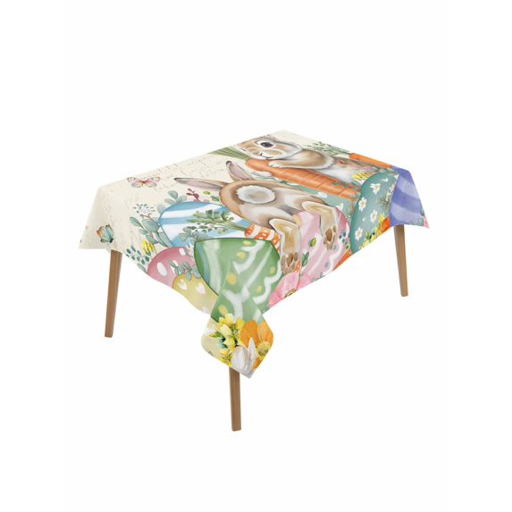 Spring Easter Rectangle Tablecloth, Rabbits Eggs Eucalyptus Branches Flowers Waterproof & StainResistant Tablecloth, Washable Oil-proof Table Cover for Dining/Party/Wedding/Camping/Buffet 52x70 In