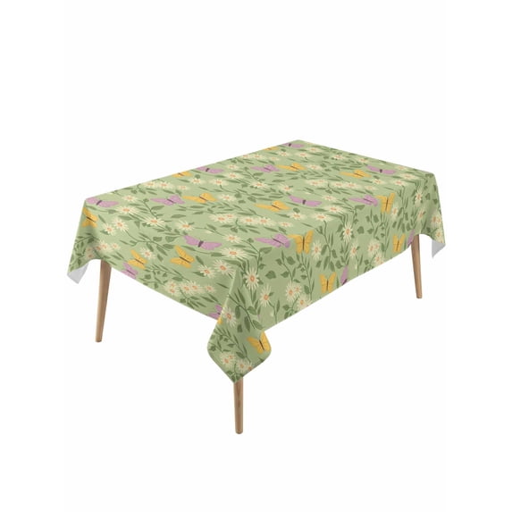 Spring Easter Rectangle Tablecloth, Watercolor Floral Daisy Butterflies Green Waterproof & StainResistant Tablecloth, Washable Oil-proof Table Cover for Dining/Party/Wedding/Camping/Buffet 60x120 In