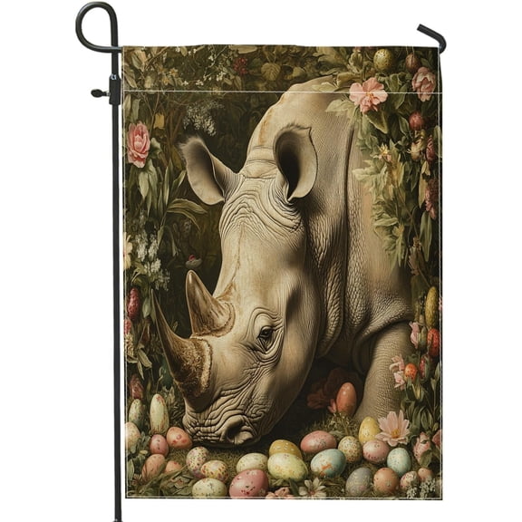 Spring Easter Rhino Wildlife Garden Flags 12x18 Inch Double Sided for Outside, Vintage Aesthetic Animal Eggs Standard Vertical Canvas House Flags, Scenic Front Yard Backyard Lawn Flags