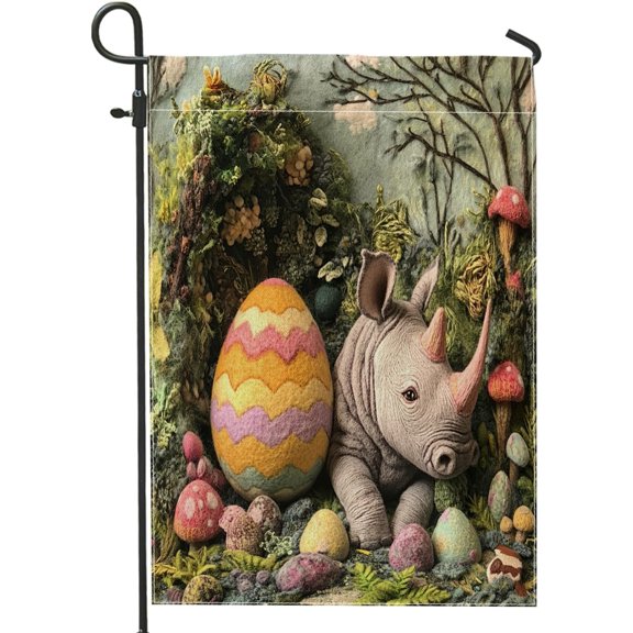 Spring Easter Rhino Wildlife Garden Flags 12x18 Inch for Outside, Wool Felt Style Animal Eggs Standard Vertical Linen Flags, Forest Print Front Yard Backyard Lawn Outdoor Decoration