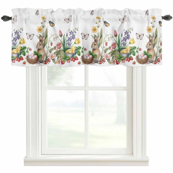 Spring Easter Rod Pocket Curtain Valance, Country Bunny Chick Floral Butterflies Watercolor Farmhouse Window Valance for Living Room, Bedroom, Kitchen 54"W x 18"L