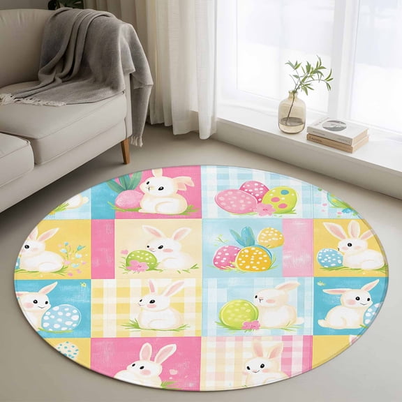 Spring Easter Round Area Rug 4 FT, Non Slip Indoor Outdoor Rug, Plaid Bunny Eggs Checkered Farmhouse Washable Soft Circular Carpet Non-Shedding Floor Mat for Coffee Table Nursery Foyer Balcony