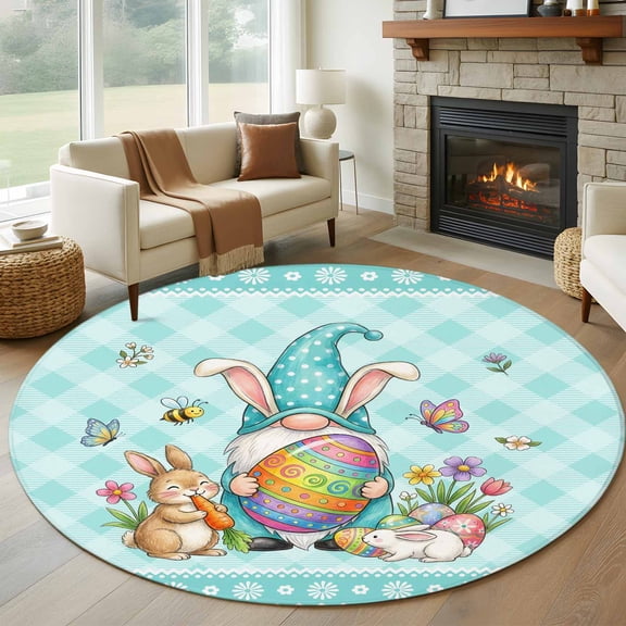 Spring Easter Round Area Rug 5Ft Washable Circle Rugs for Living Room Bedroom, Cute Rabbits Gnomes Eggs Bees Flowers Blue Green Non-Slip Carpet Floor Mats Indoor Outdoor Carpet Runner Home Decor