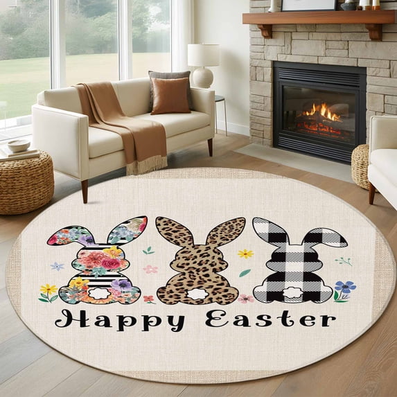 Spring Easter Round Area Rug 7 FT, Non Slip Living Room Area Carpet, Floral Checkered Bunny Linen Texture Washable Soft Circular Rug Non-Shedding Floor Carpet for Bedside Office Play Room Classroom