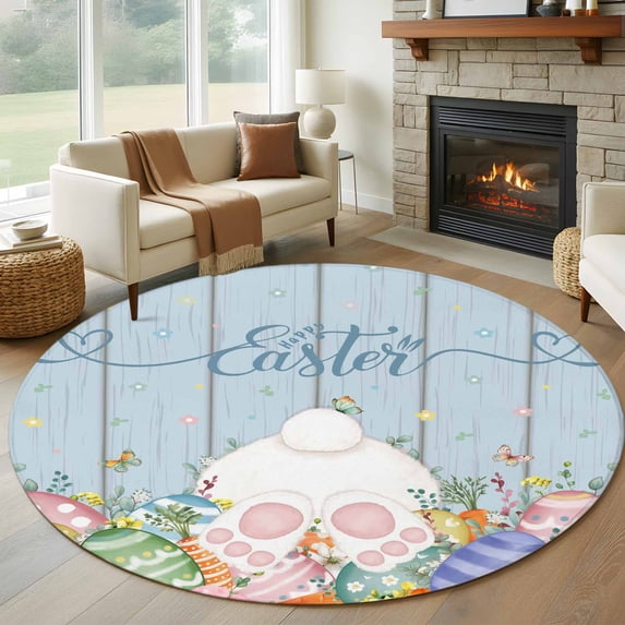 Spring Easter Round Area Rug 8Ft Washable Large Circle Rugs for Living Room Dorm, Rabbit Ears Foot Colorful Eggs Wooden Plank Non-Slip Carpet Floor Mats Indoor Outdoor Carpet Runner Home Decor