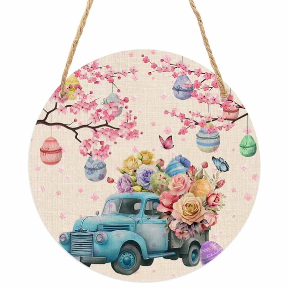 Spring Easter Round Front Door Welcome Sign, 7.8 Inch Wall Hanging Decor for Indoor Outdoor, Eggs Tree Floral Blue Truck Rustic Home Porch Hanger Decorations for Holiday Gift