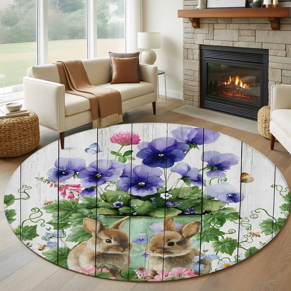 Spring Easter Round Rug 5ft Washable Circle Kitchen Rugs Non Slip Purple Floral Summer Botanical Vintage Large Area Rug Indoor Floor Carpet for Bedroom Living Room Home Office Dining Room Nursery