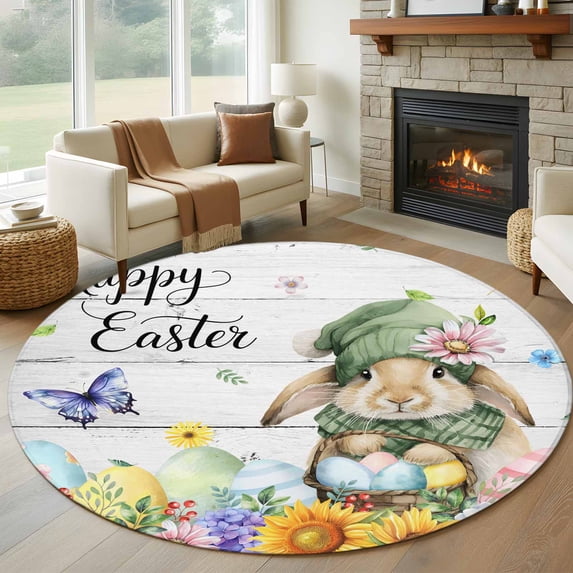 Spring Easter Round Rug 8ft Washable Circle Rugs Non Slip Watercolor Floral Rabbits Eggs Butterflies Wood Large Area Rug Indoor Floor Carpet for Bedroom Kitchen Living Room Home Office Dining Room